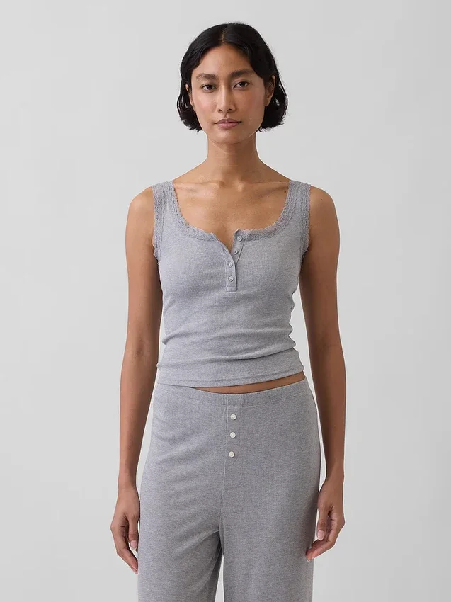 Mini Rib Lace Henley Pj Tank Top