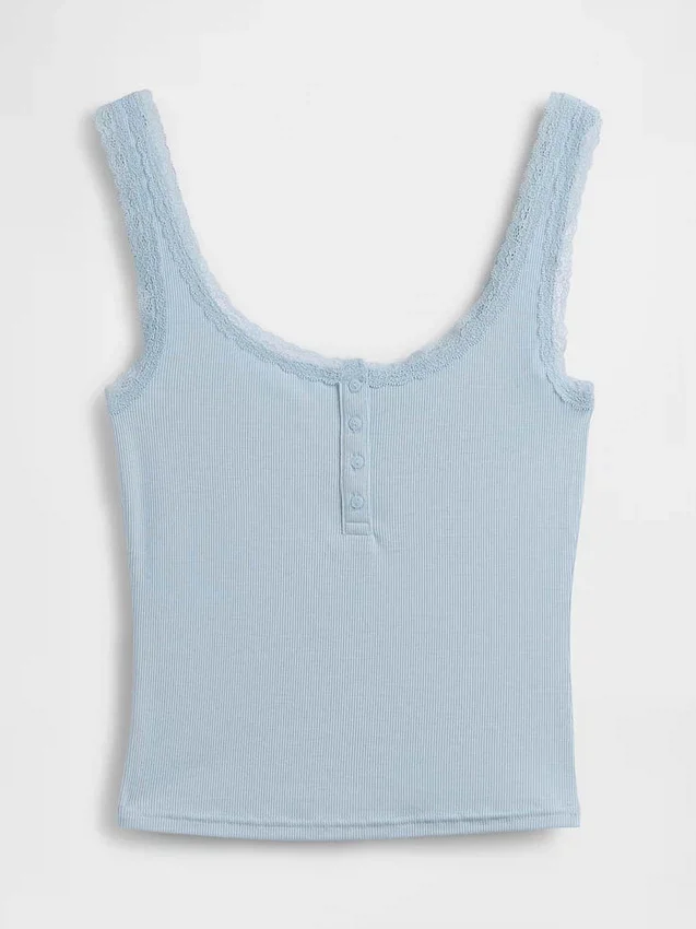 Mini Rib Lace Henley Pj Tank Top