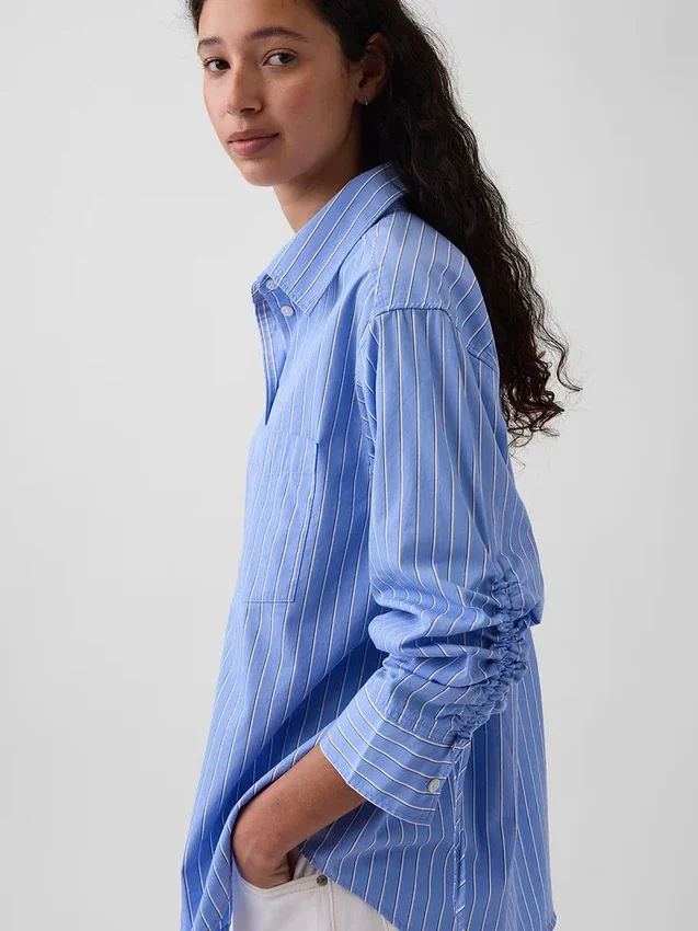 Organic Cotton Poplin Oversized Ruched-Sleeve Shirt