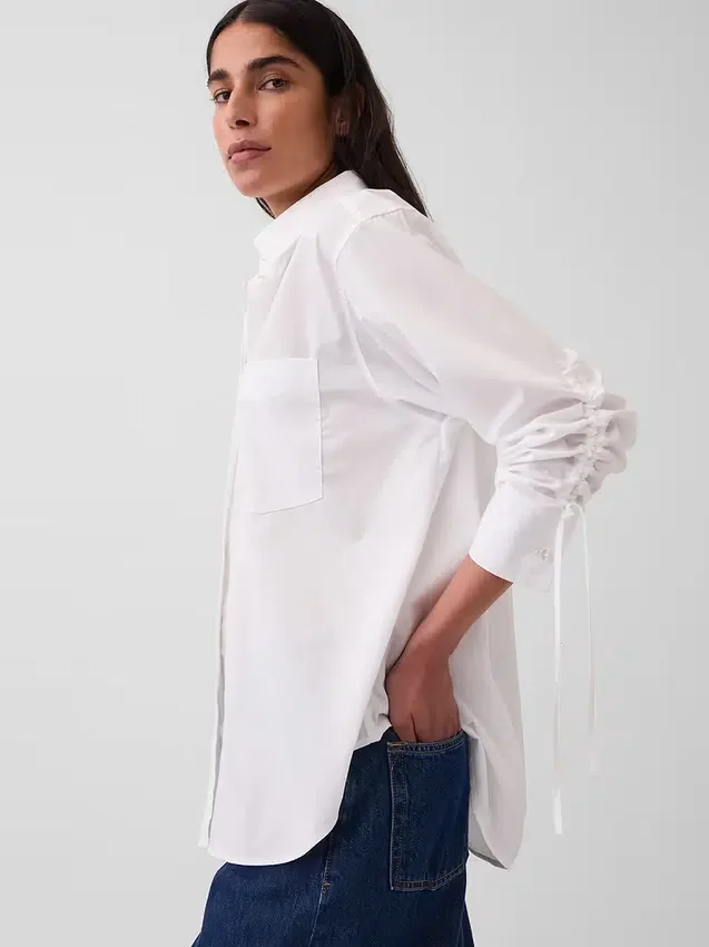 Organic Cotton Poplin Oversized Ruched-Sleeve Shirt