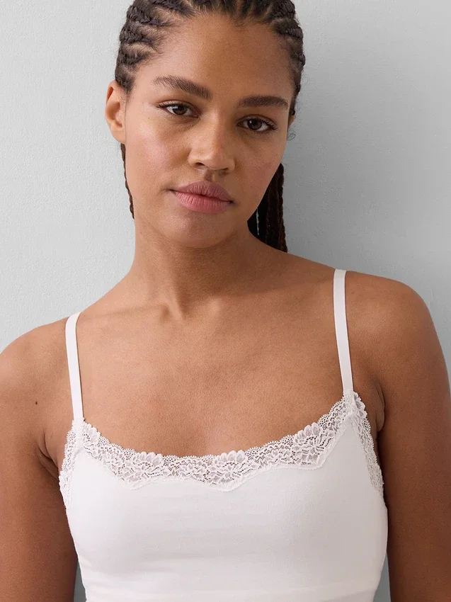 Organic Stretch Cotton Lace-Trim Shelf-Bra Cami