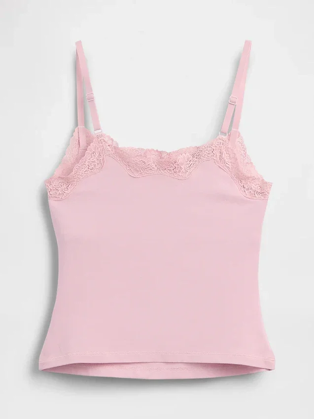 Organic Stretch Cotton Lace-Trim Shelf-Bra Cami
