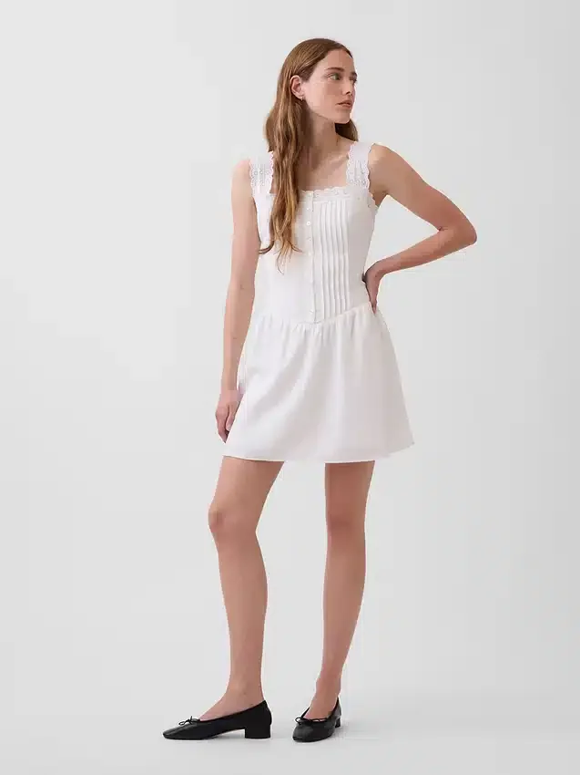 Pintuck Drop-Waist Mini Dress