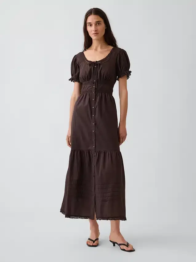 Scoop-Neck Lace-Trim Tiered Maxi Dress