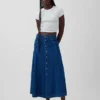 Seamed Denim Button-Front Maxi Skirt