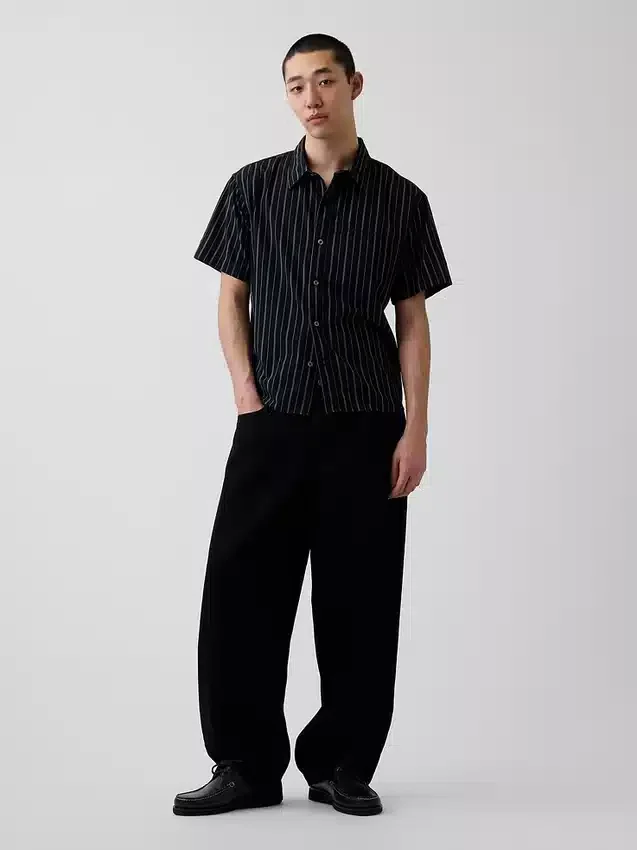 Seersucker Stripe Relaxed Curved-Hem Shirt