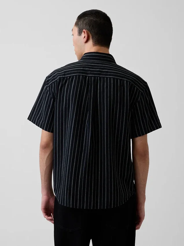 Seersucker Stripe Relaxed Curved-Hem Shirt