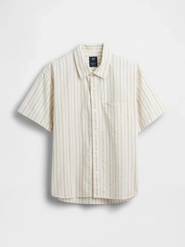 Seersucker Stripe Relaxed Curved-Hem Shirt