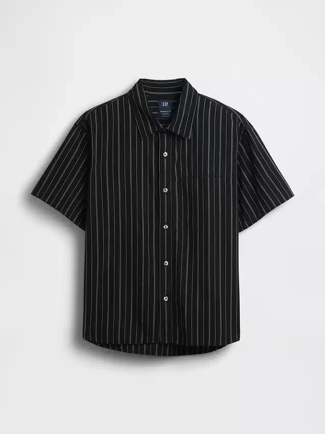 Seersucker Stripe Relaxed Curved-Hem Shirt