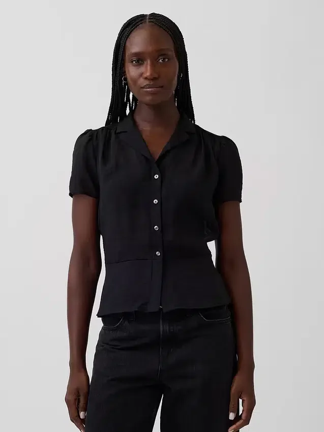 Sheer Button-Front Peplum Top