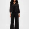 Sheer Recycled Lace Inset Tie-Neck Top