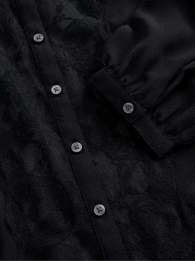 Sheer Recycled Lace Inset Tie-Neck Top