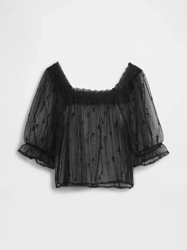 Sheer Tulle Embroidered Top