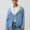 Sherpa-Lined Shawl Denim Jacket