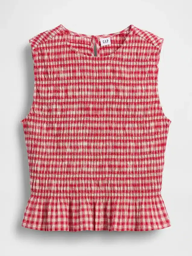 Smocked Gingham Crop Peplum Top