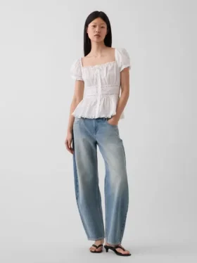 Square-Neck Lace-Trim Peplum Top