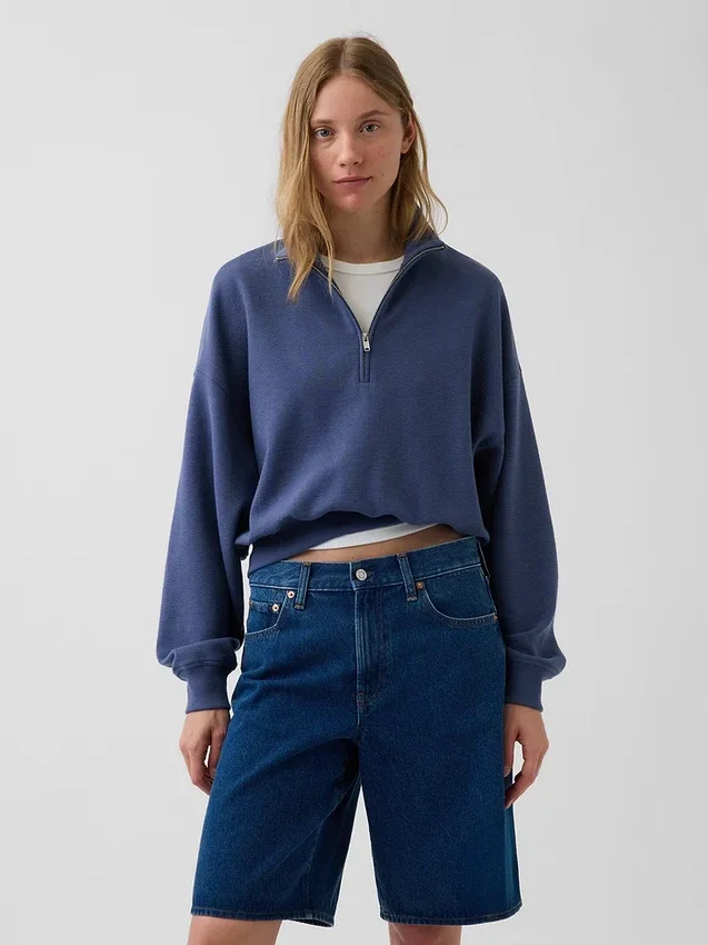 Textured Cotton Oversized Half-Zip Pullover