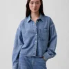 Ultrasoft Denim Oversized Straight-Hem Crop Shirt