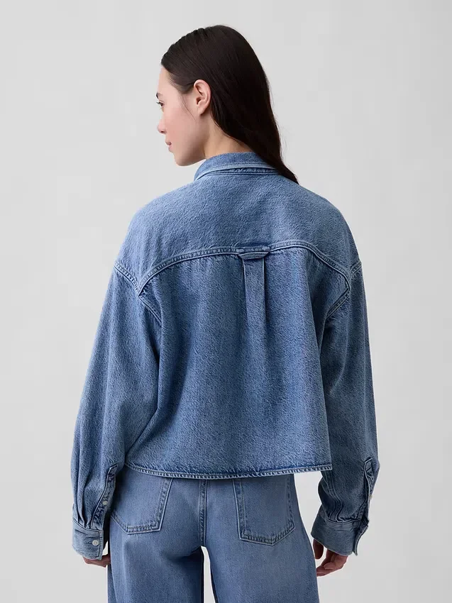 Ultrasoft Denim Oversized Straight-Hem Crop Shirt