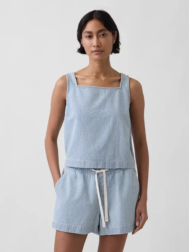 Ultrasoft Denim Stripe Crop Shell Tank Top