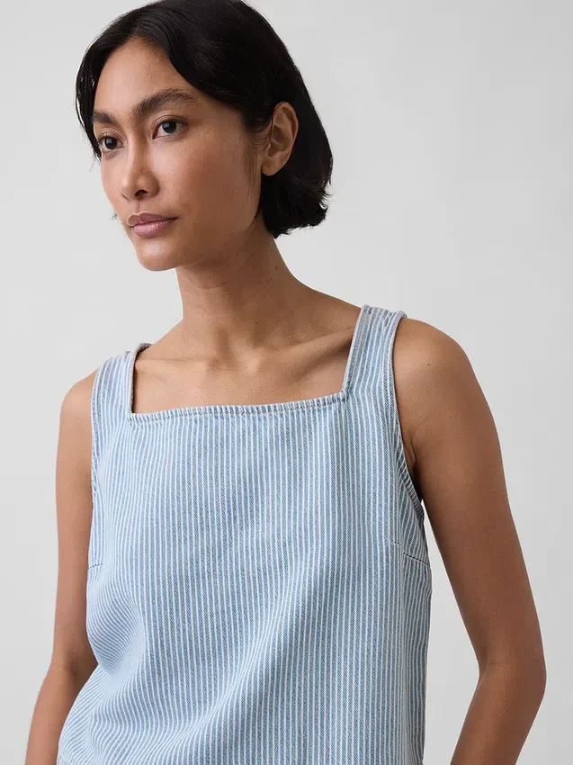 Ultrasoft Denim Stripe Crop Shell Tank Top